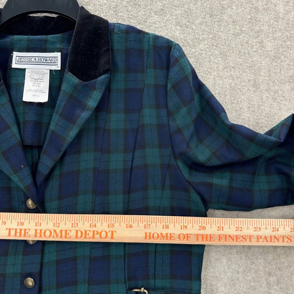VTG Jessica Howard Tartan Plaid Dress 16 Green Blue Velvet Collar Equestrian - Picture 5 of 7